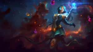 在色彩繽紛的宇宙星雲中施展魔法的動漫女性。 — Studio Display 壁紙