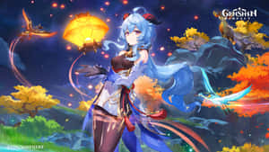 藍髮紅角的動漫女孩在秋夜森林中手持發光燈籠。 — 原神 壁紙