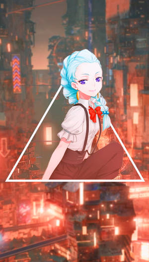 藍髮紫眼的動漫女孩，身處白色三角形框住的霓虹城市景觀中。