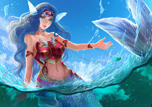 一位藍髮美人魚，擁有白色翅膀和紅色盔甲，從海水中浮現。 — 梅莉達 壁紙