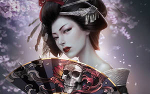 藝妓在櫻花下手持帶有骷髏圖案的華麗扇子 — 三島一八 壁紙