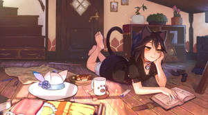 貓耳動漫女孩在舒適房間的木地板上看書。 — 看書 GIF 壁紙