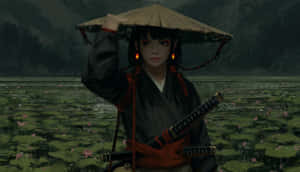 女武士戴草帽持武士刀立於蓮池 — 混沌武士 壁紙