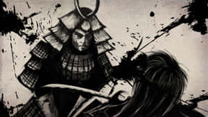 身穿盔甲的武士戰士在風格化的墨水戰鬥場景中對峙。 — 李小龍 壁紙