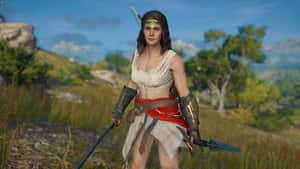 身穿古代盔甲的女戰士在草地上手持長矛和弓箭。 — 電玩遊戲 GIF 壁紙