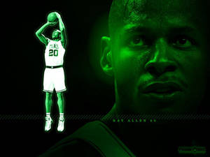 Ray Allen 身穿塞爾提克球衣，在強烈綠色燈光下投籃。 — 喬許·艾倫 壁紙