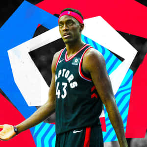 多倫多暴龍隊籃球運動員，身穿深色球衣，號碼43，背景為彩色幾何圖案。 — 1:1 壁紙