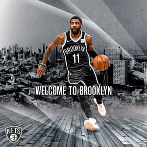 布魯克林籃網籃球運動員在城市天際線上方運球，並有 welcome to brooklyn 文字。 — 凱里·厄文 壁紙