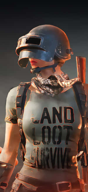 身穿戰鬥裝備的女兵，穿著「LAND LOOT SURVIVE」襯衫，手持武器。 — iPhone 17 壁紙