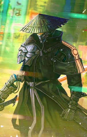 身穿暗色盔甲的賽博朋克武士在霓虹城市中手持武士刀。 — 日本動漫 壁紙
