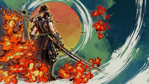 武士戰士在火焰爆炸和漩渦波浪中揮舞劍。 — 混沌武士 壁紙