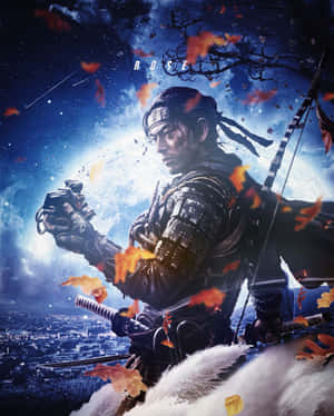 身穿盔甲的武士在雪峰上，繁星夜空下飄落樹葉。 — 對馬戰鬼 壁紙