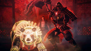 武士戰士在紅色寺廟中與發光的熊頭靈魂戰鬥。 — 混沌武士 壁紙