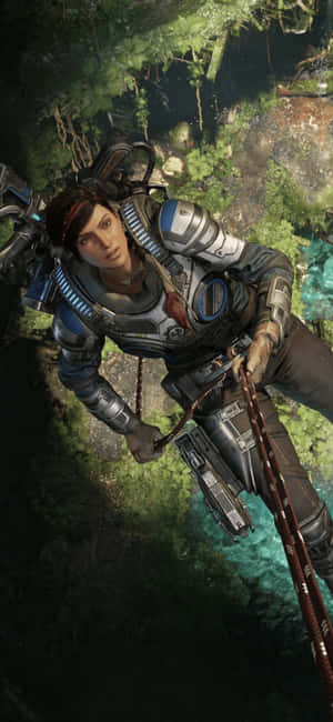 女性探險家在碧綠海水上方沿叢林懸崖繩降。 — 電玩遊戲 GIF 壁紙