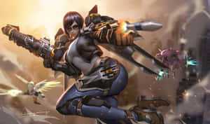 身穿未來裝甲的女戰士在科幻戰鬥中發射武器。 — 美學天空 壁紙