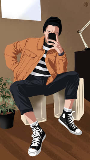身穿橙色外套和毛帽的年輕男子在室內靠近植物自拍。 — 插畫 壁紙