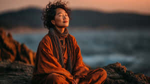 一位身穿橙色長袍的女性在日落時分在岩石海岸上平靜地冥想。 — 日落 壁紙