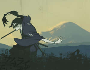 武士戰士持劍跳躍，背景為富士山日落。 — 動漫桌面 壁紙