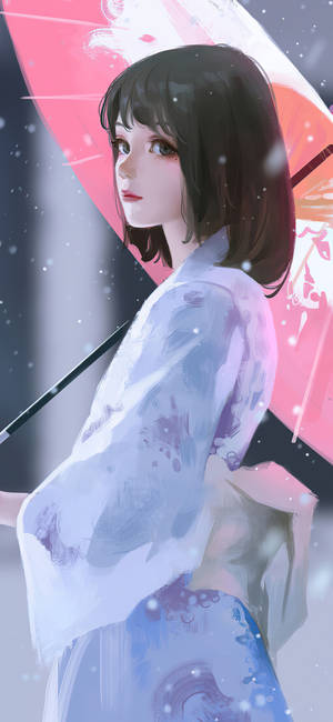 動漫女孩身穿藍色和服，在飄雪中手持粉色雨傘。 — iPhone 15 Pro 壁紙