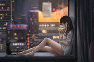 女性與貓在雨痕斑斑的窗邊喝茶，俯瞰夜晚的城市燈光。 — 日落 壁紙