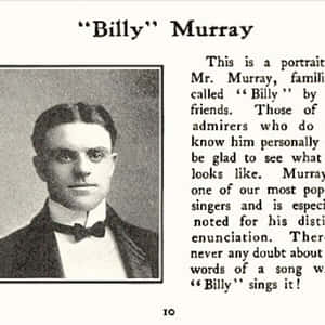 一位身穿正式服裝的男士的復古肖像，附有文字描述他為歌手 Billy Murray。 — 復古 壁紙