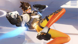 Overwatch特工在半空雙持手槍射擊，伴隨著發光的藍色能量軌跡。 — 部落衝突：皇室戰爭 壁紙