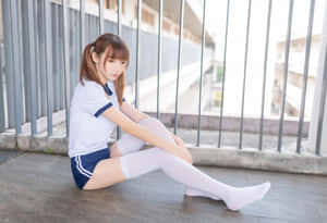 一位身穿校服的年輕女性坐在陽台地板上看著相機。 — 女孩 壁紙