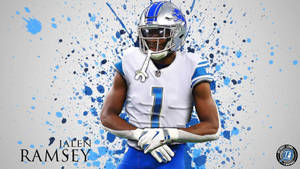 美式足球員 Jalen Ramsey 身穿底特律雄獅球衣，背景為藍色油漆飛濺。 — 杰倫·拉姆齊 壁紙