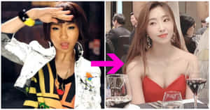 兩位女性，一位身穿白色外套擺姿勢，另一位身穿紅色連衣裙在葡萄酒桌旁。 — 2NE1 壁紙