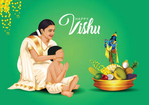 母親在擺有水果和克里希納神的Vishu Kozhikalam旁遮住孩子的眼睛 — 聖家動圖 壁紙