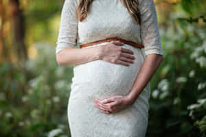身穿白色蕾絲裙的孕婦在戶外捧著肚子。 — 懷孕 壁紙