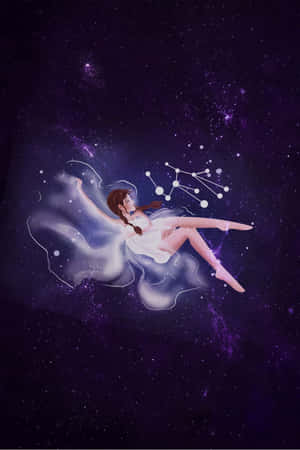 女性漂浮在星空紫色空間中，帶有發光星座 — 摩羯座 壁紙