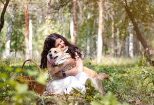 女性在陽光明媚的森林中擁抱柯基犬，旁邊有野餐籃。 — 可愛小狗 壁紙