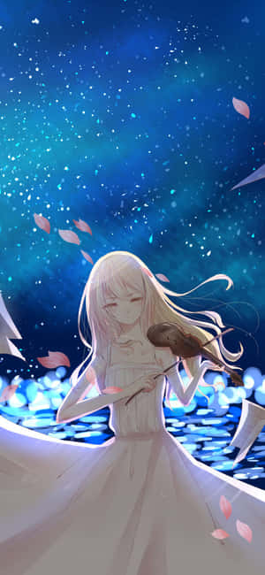 身穿白色連衣裙的動漫女孩在星空下演奏小提琴，櫻花飄落。