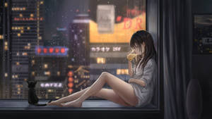 女人和貓在窗台上喝茶，欣賞雨夜城市景色 — 單身女孩 壁紙