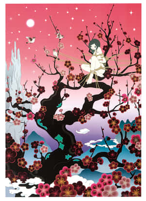 動漫女孩棲息在櫻花樹上，粉紅色的夜空下，有星星和鳥兒。 — 日式審美桌面 壁紙
