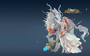 粉紅髮戰士騎白龍，手持發光法杖和玫瑰 — 光龍 壁紙