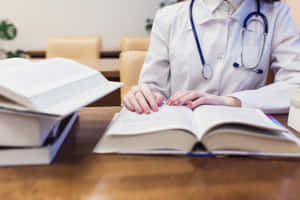醫生在辦公室的木桌上查閱醫學書籍。 — 醫療 壁紙