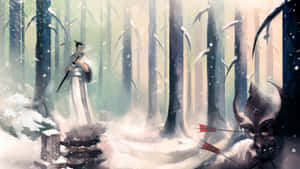 雪林中的武士戰士持劍面對惡魔般的身影。 — 混沌武士 壁紙