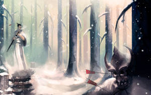 雪地森林中武士面對被箭矢貫穿的惡魔頭骨。 — 混沌武士 壁紙
