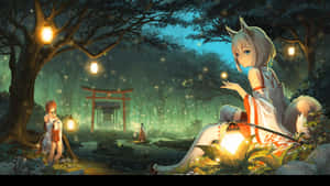狐靈少女在夜晚的神秘森林中，靠近神社，手持燈籠。 — 美麗的動畫 壁紙