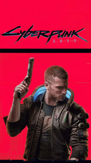 Cyberpunk 2077 主角在紅色背景中手持手槍。 — 賽博龐克城市 壁紙