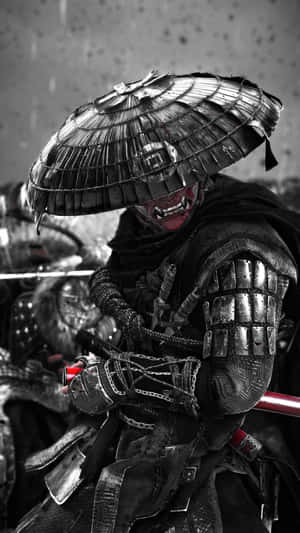 身穿盔甲、手持武士刀、戴紅色面罩的武士戰士。 — 對馬戰鬼 壁紙