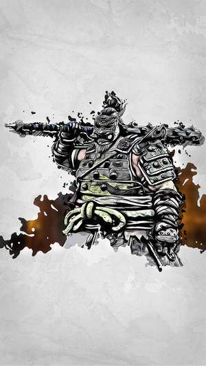 身穿盔甲的武士在灰色背景上手持帶刺武器，伴有墨水飛濺。 — 曉組織手機 壁紙
