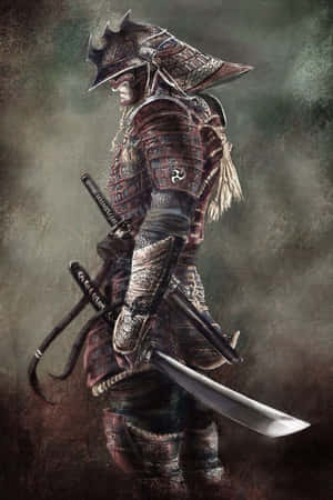 全副武裝的武士戰士在黑暗環境中手持武士刀。 — 戰士 壁紙