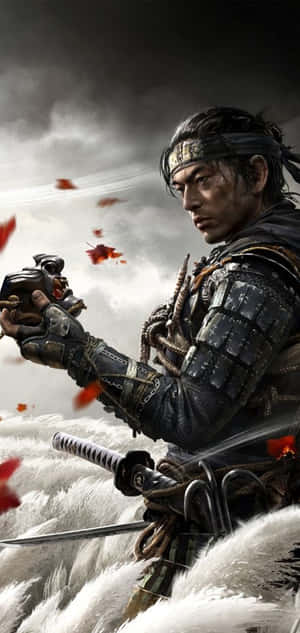 身穿盔甲的武士手持武器，在暴風雨的天空中飄落楓葉。 — Galaxy A18 壁紙