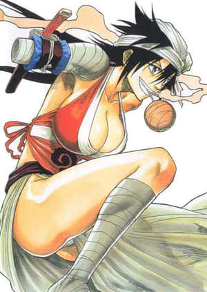動漫女戰士蹲下，背上背著劍，嘴裡含著球。 — 鹿丸 壁紙