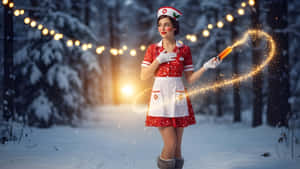 護士身穿節日紅色服裝在掛有燈串的雪地森林中留下發光愛心火花痕跡 — 復古 壁紙