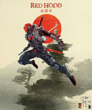 紅色兜帽武士戰士持劍跳躍，背景為紅色太陽和水墨山巒。 — Motorola Razr Ultra 2025 壁紙