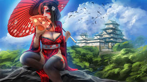 身穿紅色和服的藝妓手持雨傘，靠近日本城堡，鳥兒飛翔。 — 東京喰種風格 壁紙